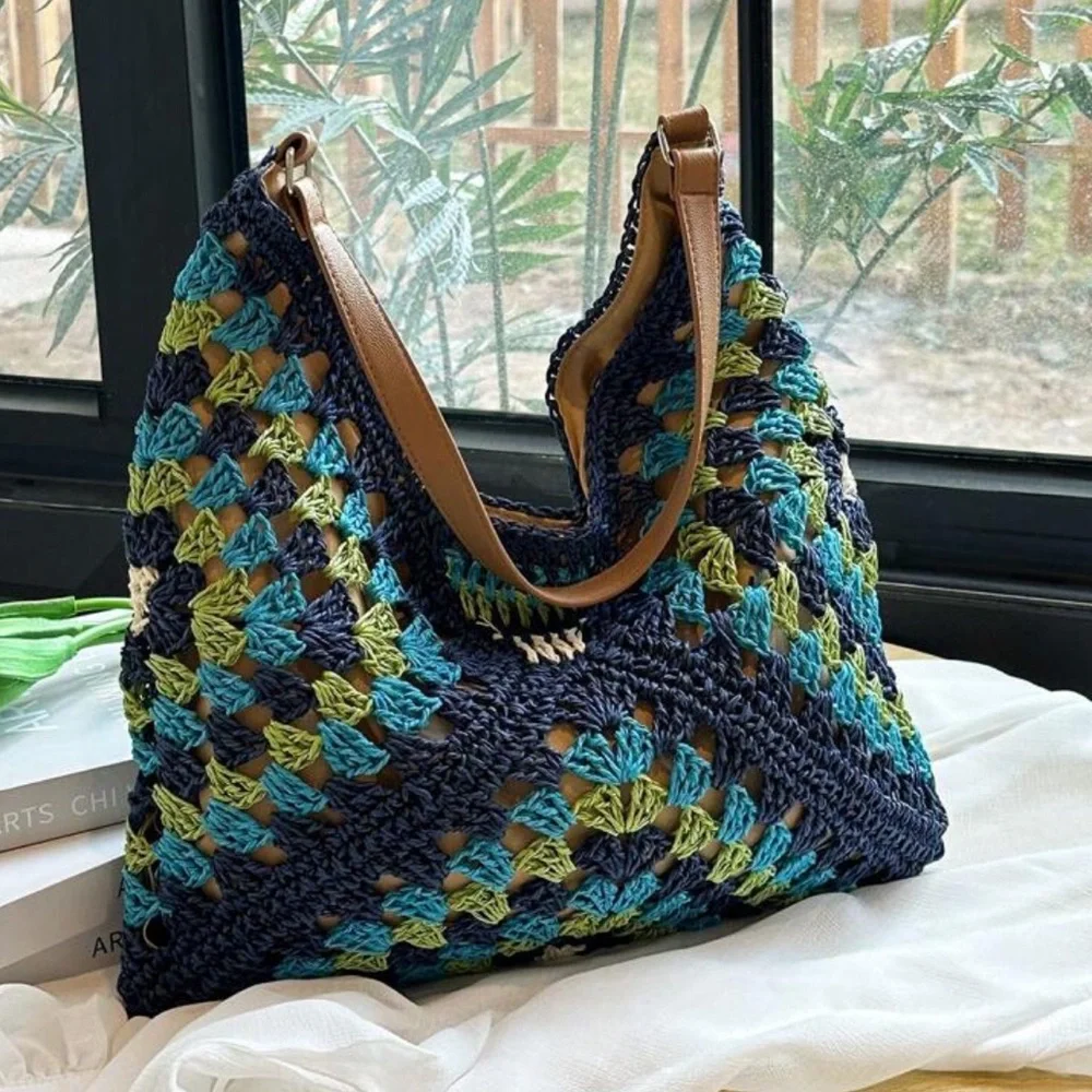Elegant Blue and Green Crochet Hobo Bag